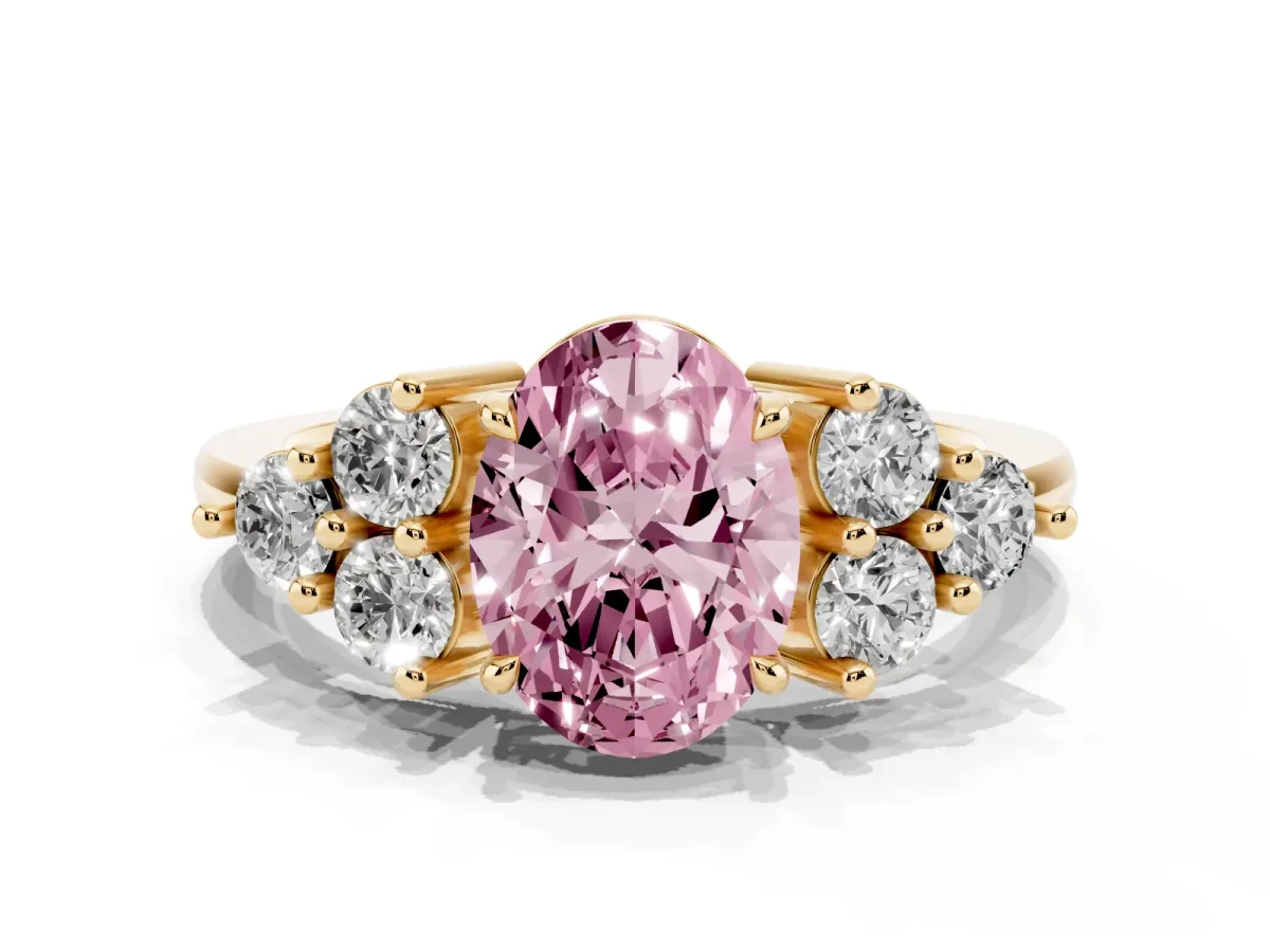 Fancy Pink Oval Cut Brilliant Diamond Cluster Accent Solitaire Ring with Prong Setting Yellow gold