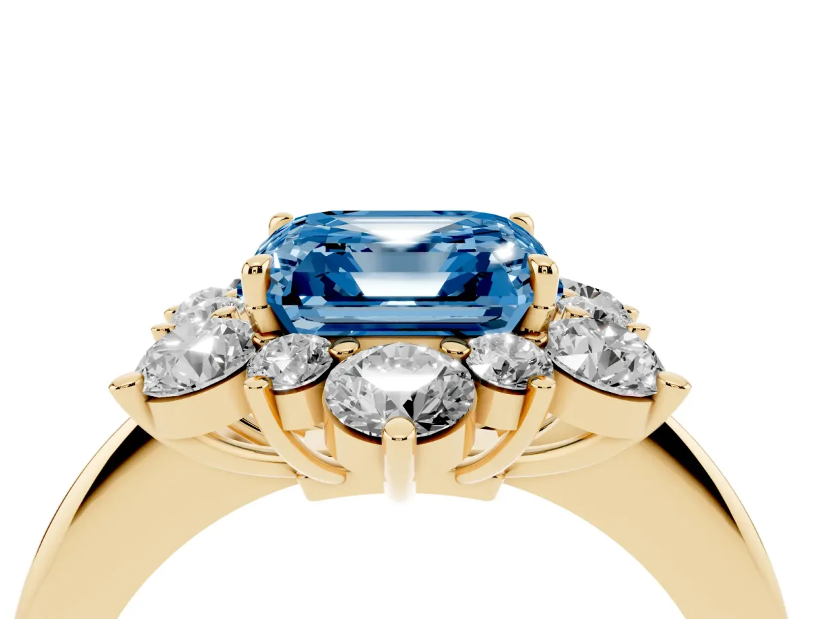 Fancy Blue Asscher Cut Diamond Cluster Halo Ring with Solitaire Band and Four-Prong Setting Yellow gold
