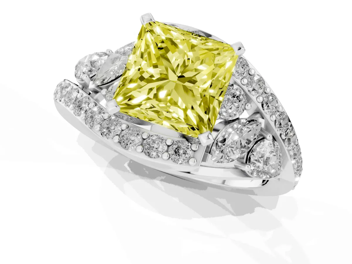Fancy Yellow Princess Cut Diamond Halo Ring with Marquise and Pavé Band in Prong Setting Silver