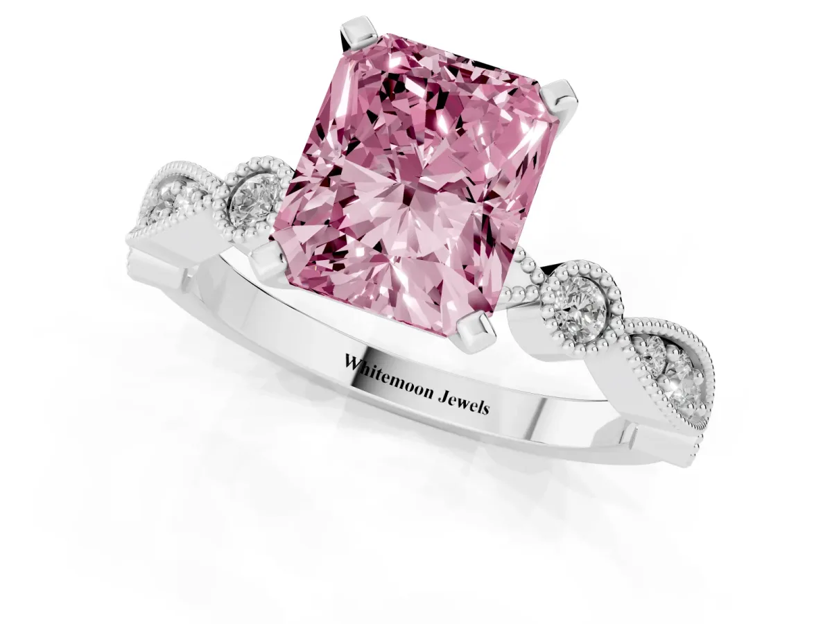Fancy Pink Radiant Cut Milgrain Bezel Diamond Engagement Ring with Solitaire Prong Setting Silver