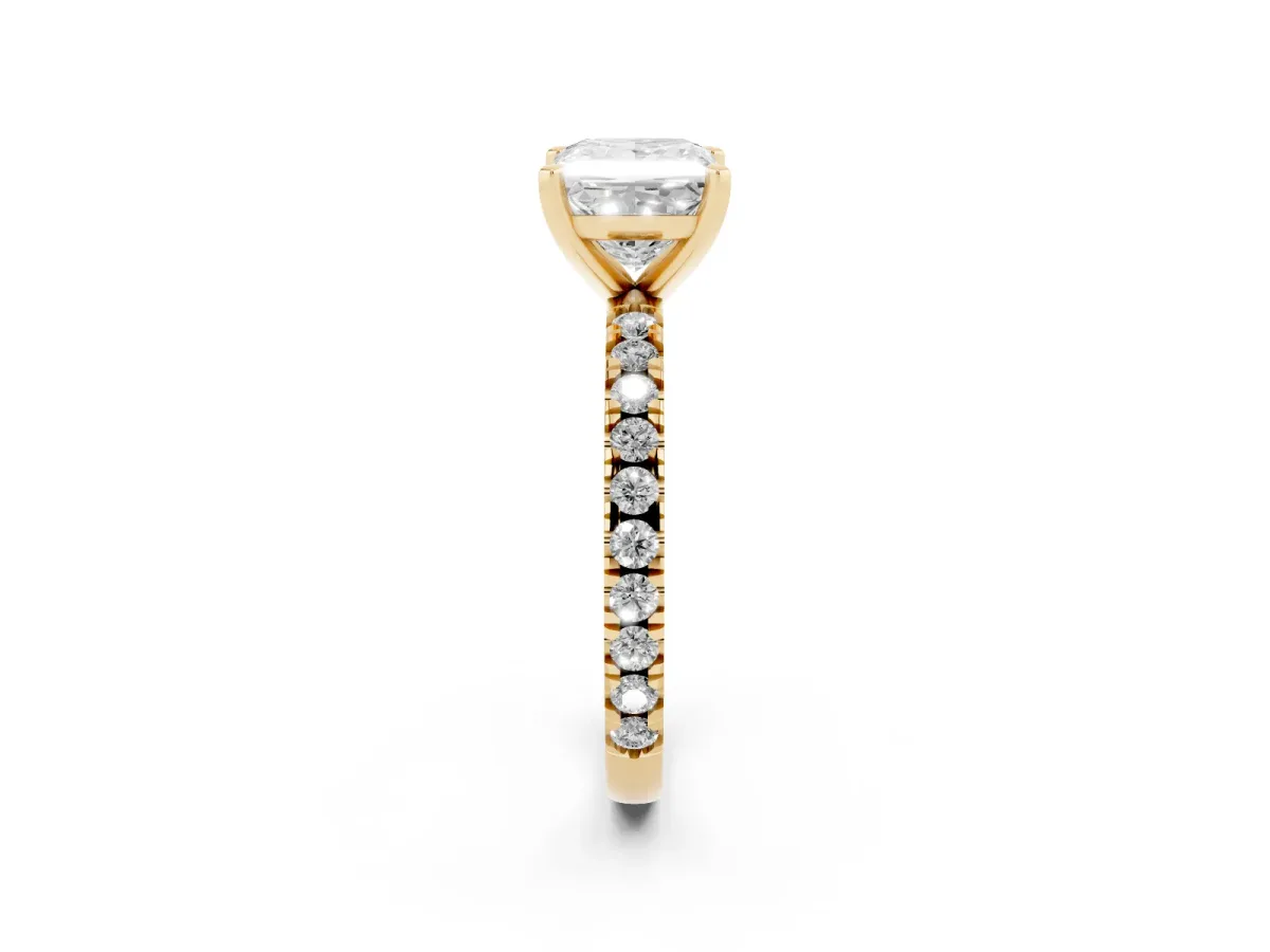 Princess Cut Diamond Pavé Band Solitaire with Four-Prong Setting Yellow gold