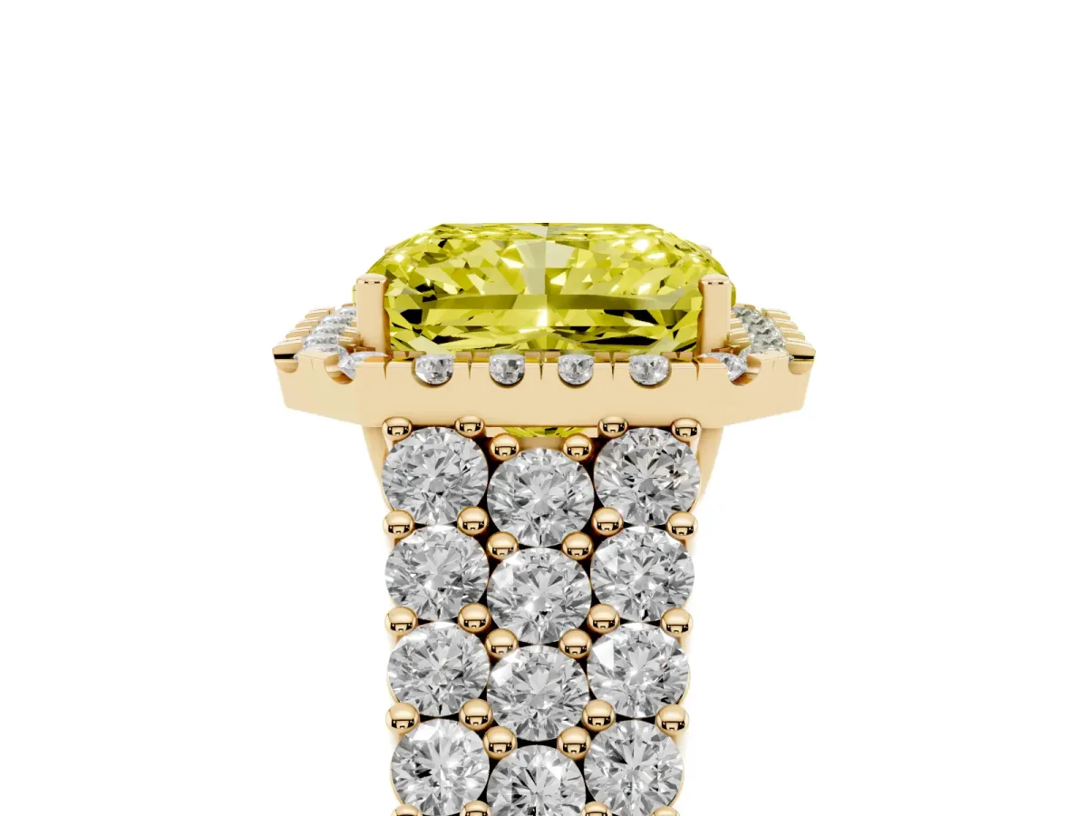 Fancy Yellow Radiant Cut Diamond Halo Engagement Ring with Triple Row Round Pavé Band and Prong Setting Yellow gold