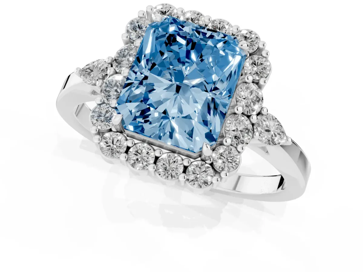 Fancy Blue Radiant Cut Diamond Halo Ring with Pear Side Stones and Prong Setting Silver