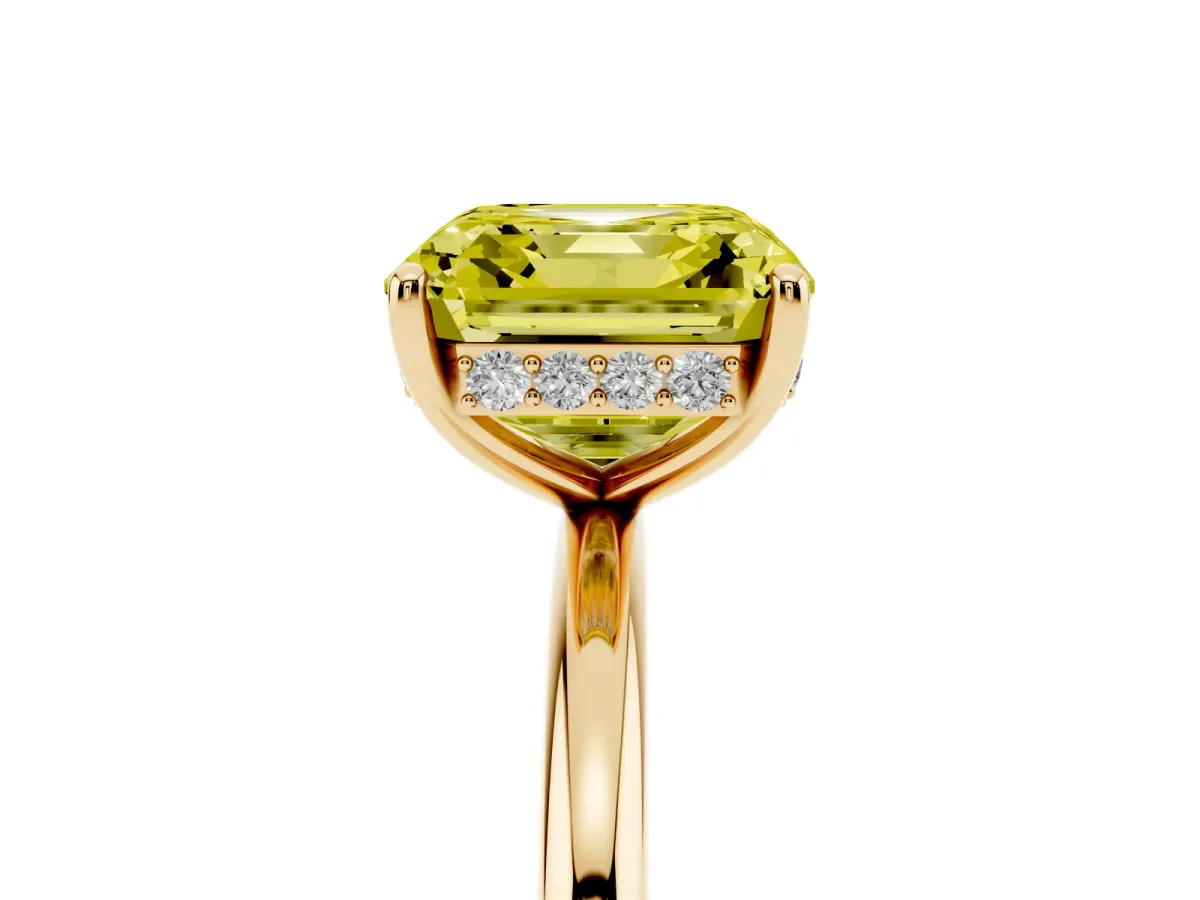 Fancy Yellow Asscher Cut Solitaire Diamond Ring with a Classic Band and Four-Prong Setting Yellow gold