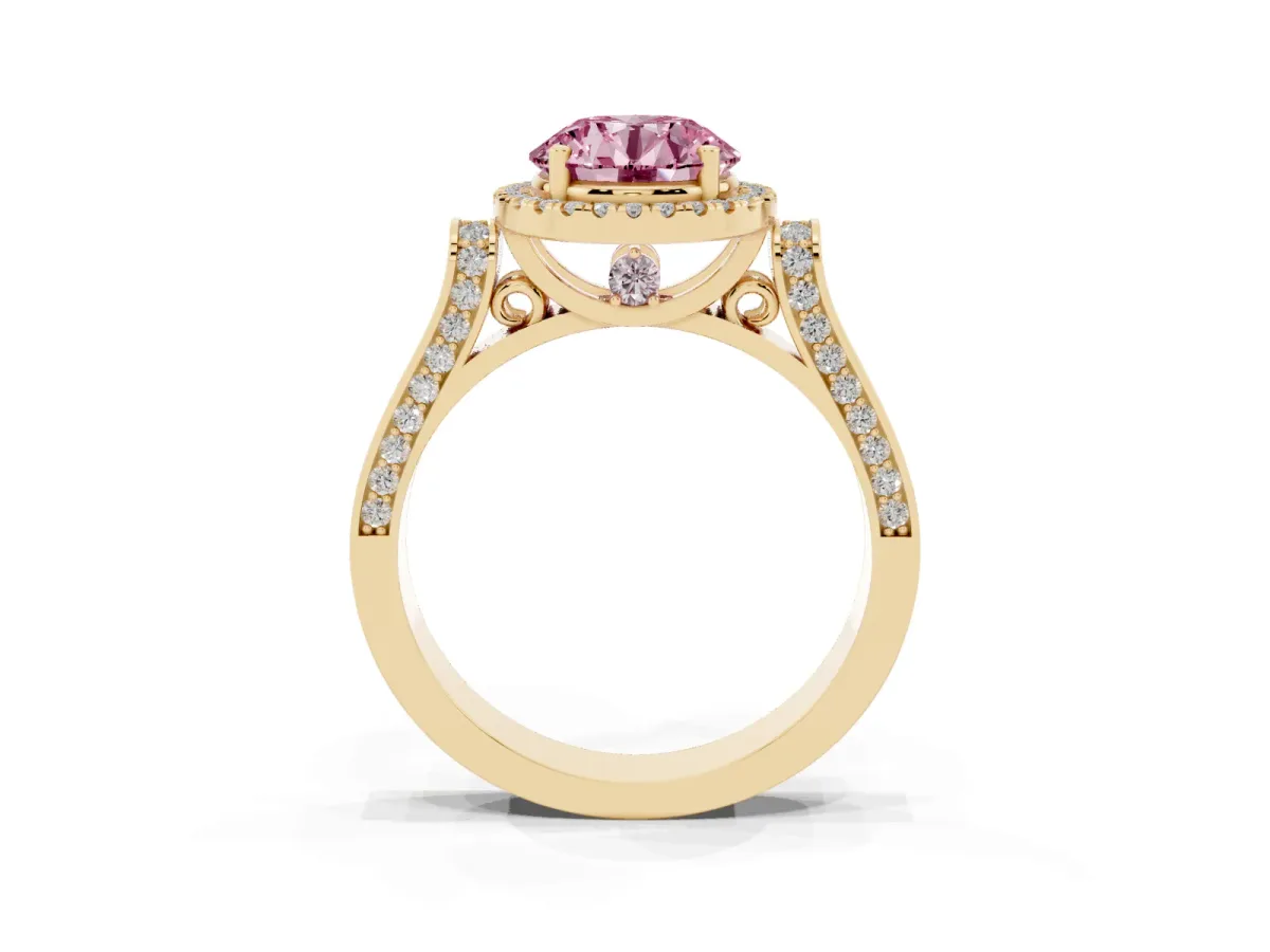 Fancy Pink Round Cut Halo Pave Split Shank Prong Setting Ring Yellow gold