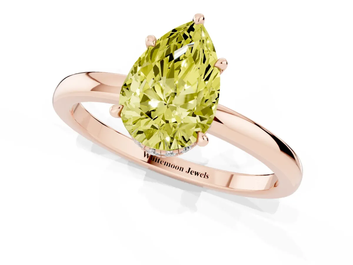 Fancy Yellow Pear Cut Solitaire Engagement Ring with Cathedral Band and Four-Prong Setting Rose gold