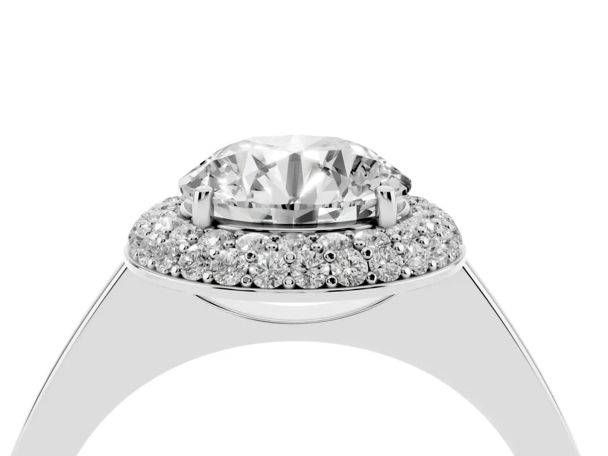 Round Cut Halo Diamond Engagement Ring with Solitaire Band and Four-Prong Setting Platinum