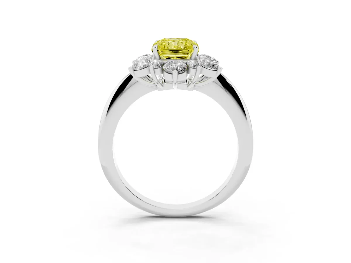 Fancy Yellow Radiant Cut Diamond Cluster Halo Ring with Solitaire Band and Four-Prong Setting Silver
