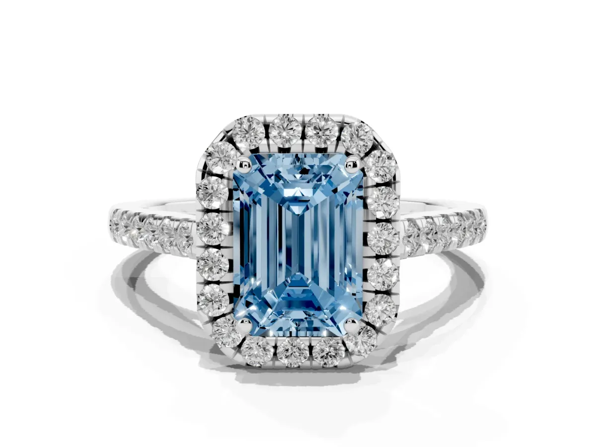 Fancy Blue Emerald Cut Halo Pave Diamond Engagement Ring with Four-Prong Setting Platinum