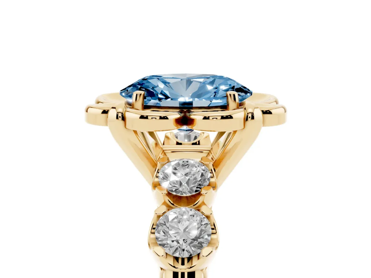 Fancy Blue Oval Cut Cut Diamond Floral Halo Engagement Ring with Shared Prong Setting Yellow gold