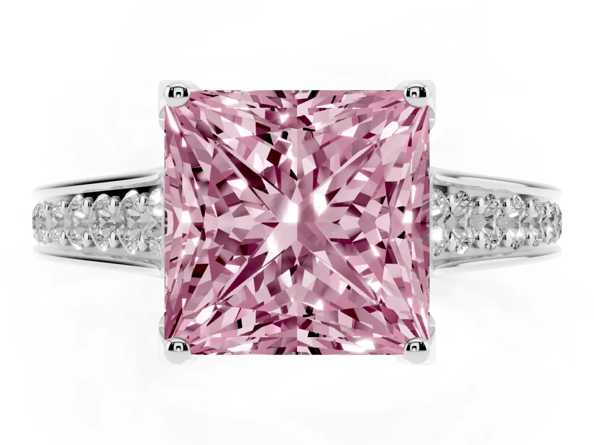 Fancy Pink Princess Cut Brilliant Cut Diamond Engagement Ring with Pavé Band and Four-Prong Setting Platinum