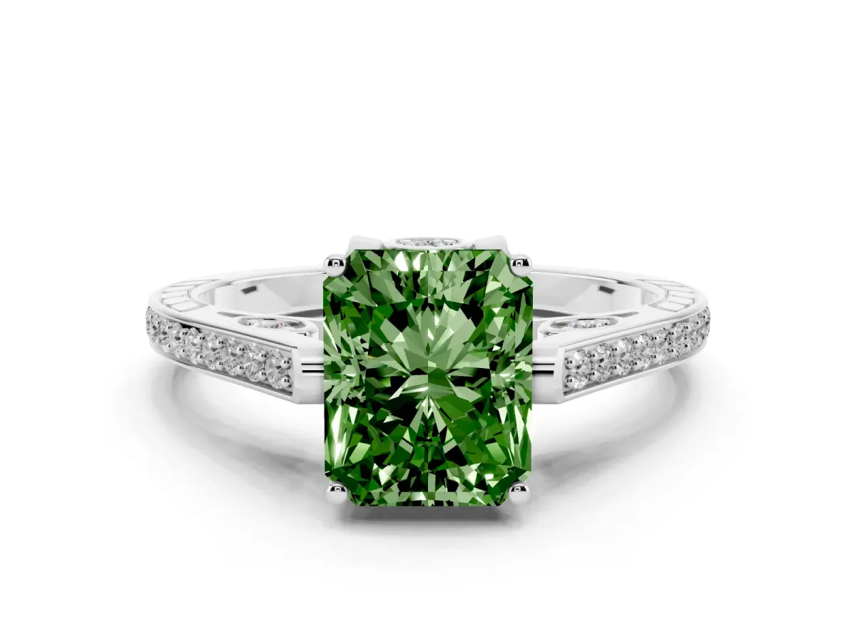 Fancy Green Radiant Cut Cut Cathedral Pave Diamond Engagement Ring with Six-Prong Setting Silver