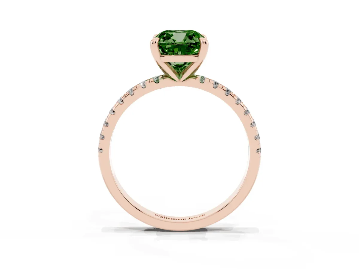 Fancy Green Cushion Cut Diamond Brilliant Solitaire Ring with Pavé Band and Four-Prong Setting Rose gold
