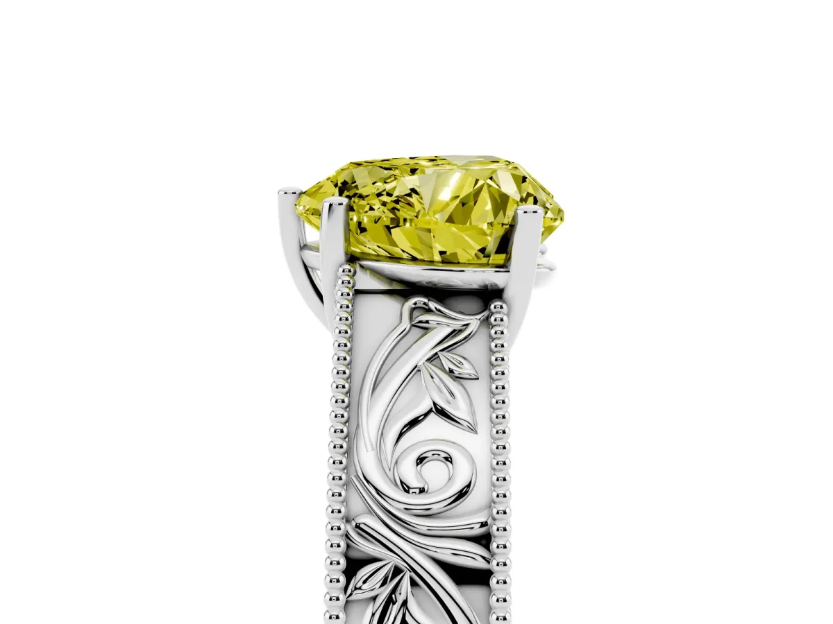 Fancy Yellow Heart Cut Diamond Solitaire Ring with Engraved Band and Four-Prong Setting White gold