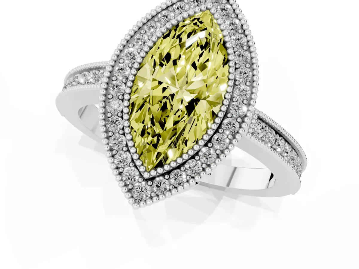 Fancy Yellow Marquise Cut Cut Halo Diamond Ring with Pavé Band and Milgrain Prong Setting Silver