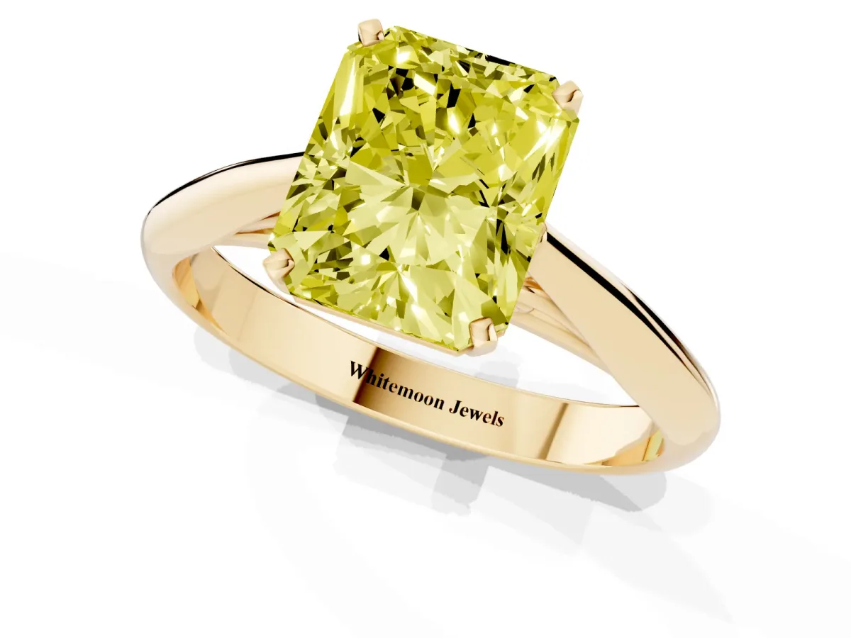 Fancy Yellow Radiant Cut Diamond Solitaire Engagement Ring with Cathedral Setting and Four-Prong Mount Yellow gold