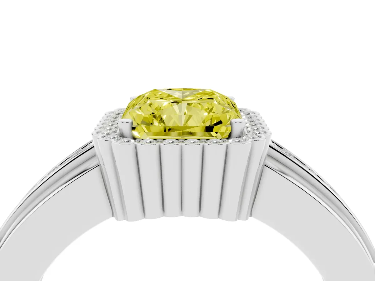 Fancy Yellow Radiant Cut Cut Halo Pave Band Four-Prong Ring Platinum