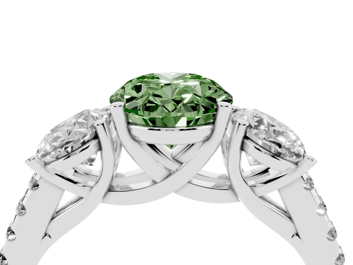Fancy Green Three-Stone Oval Cut Diamond Ring with Round Pavé Band and Prong Setting Silver