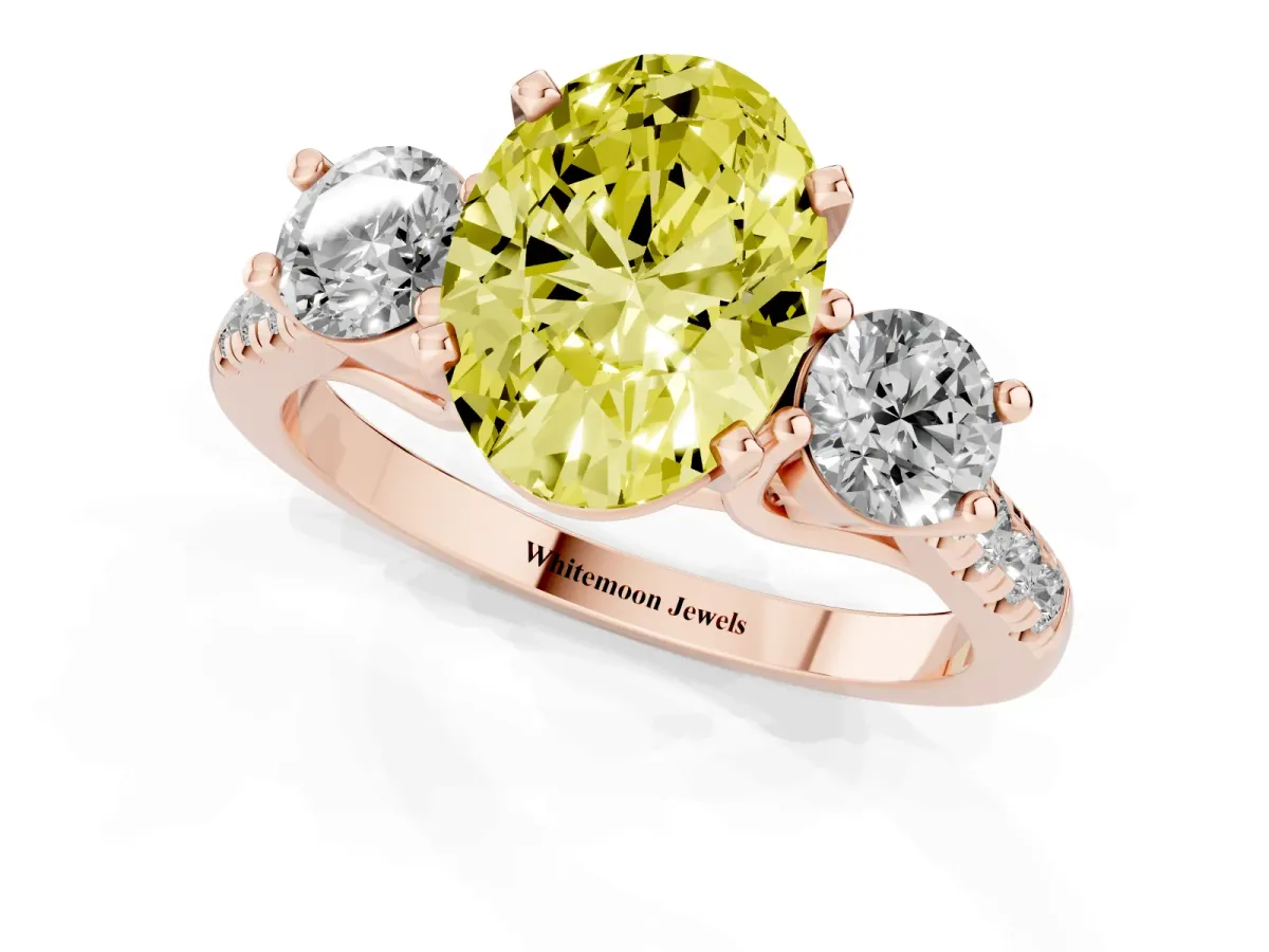 Fancy Yellow Three-Stone Oval Cut Diamond Pavé Band with Four-Prong Setting Rose gold