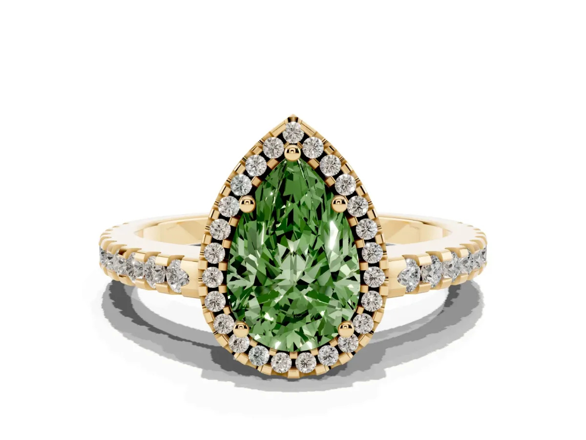 Fancy Green Pear Cut Diamond Halo Engagement Ring with Pavé Band and Prong Setting Yellow gold