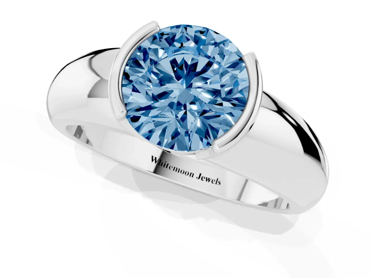 Fancy Blue Round Cut Solitaire Tension Set Diamond Ring with Wide Band Silver