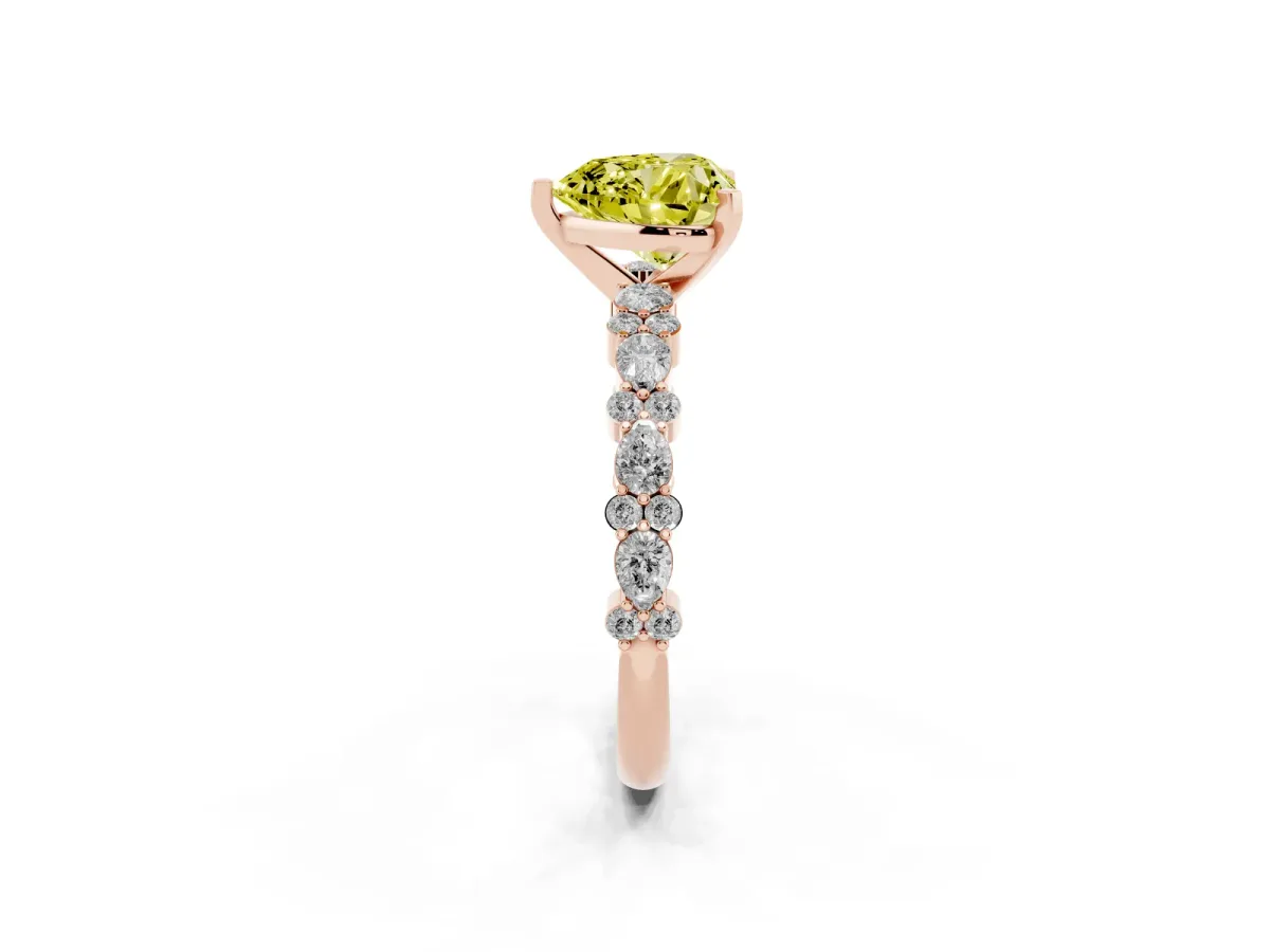 Fancy Yellow Heart Cut Diamond Side Stone Solitaire Ring with Round and Four-Prong Setting Rose gold