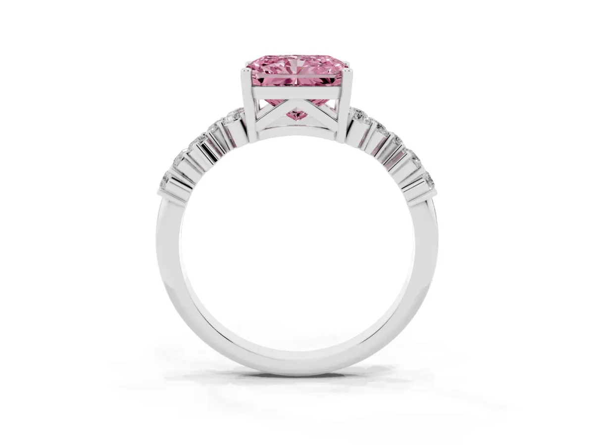 Fancy Pink Radiant Cut Diamond Scattered Round Accent Ring with Prong Setting White gold