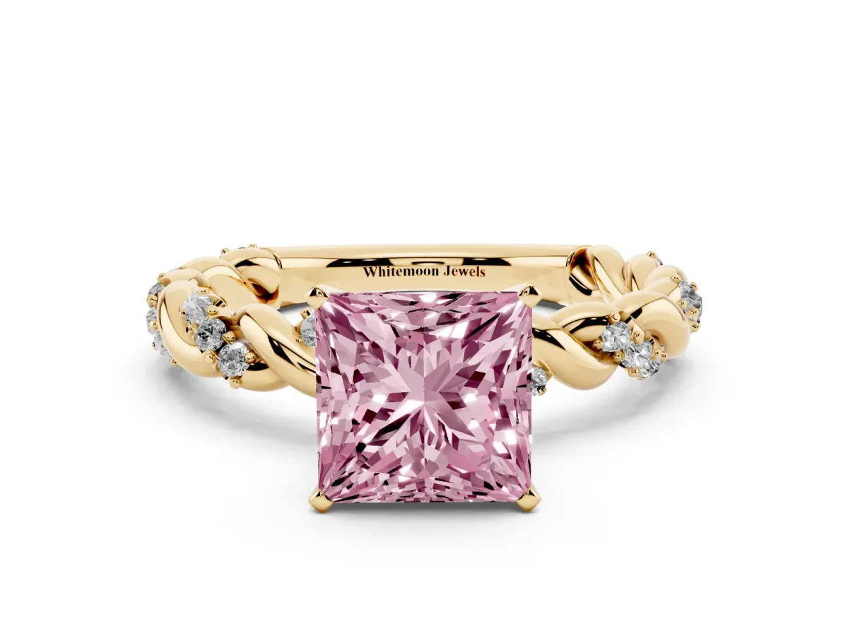 Fancy Pink Princess Cut Diamond Solitaire Ring with Twisted Band and Pavé Accents Yellow gold