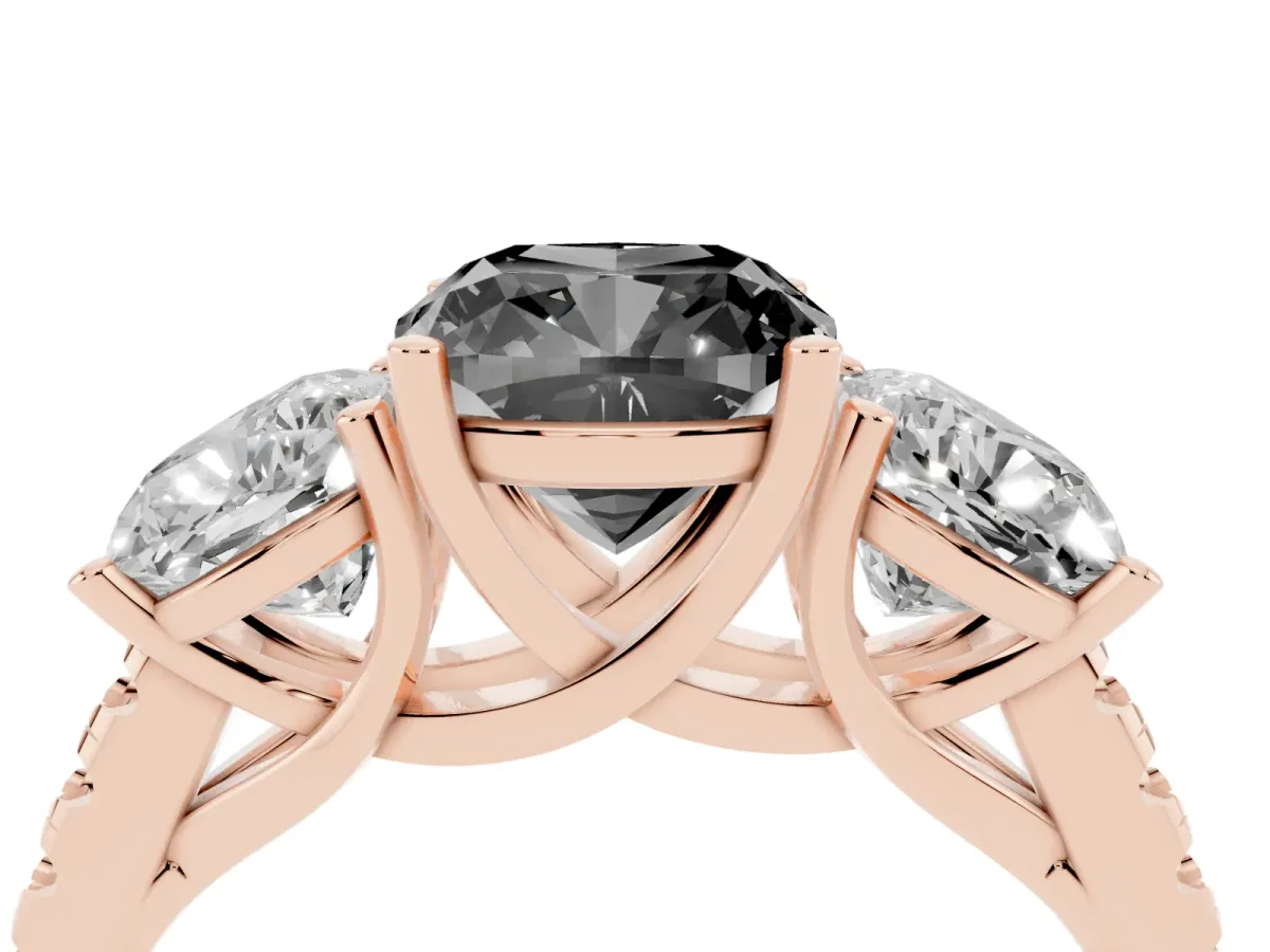 Fancy Black Three-Stone Cushion Cut Diamond Ring with Round Pavé Band and Prong Setting Rose gold