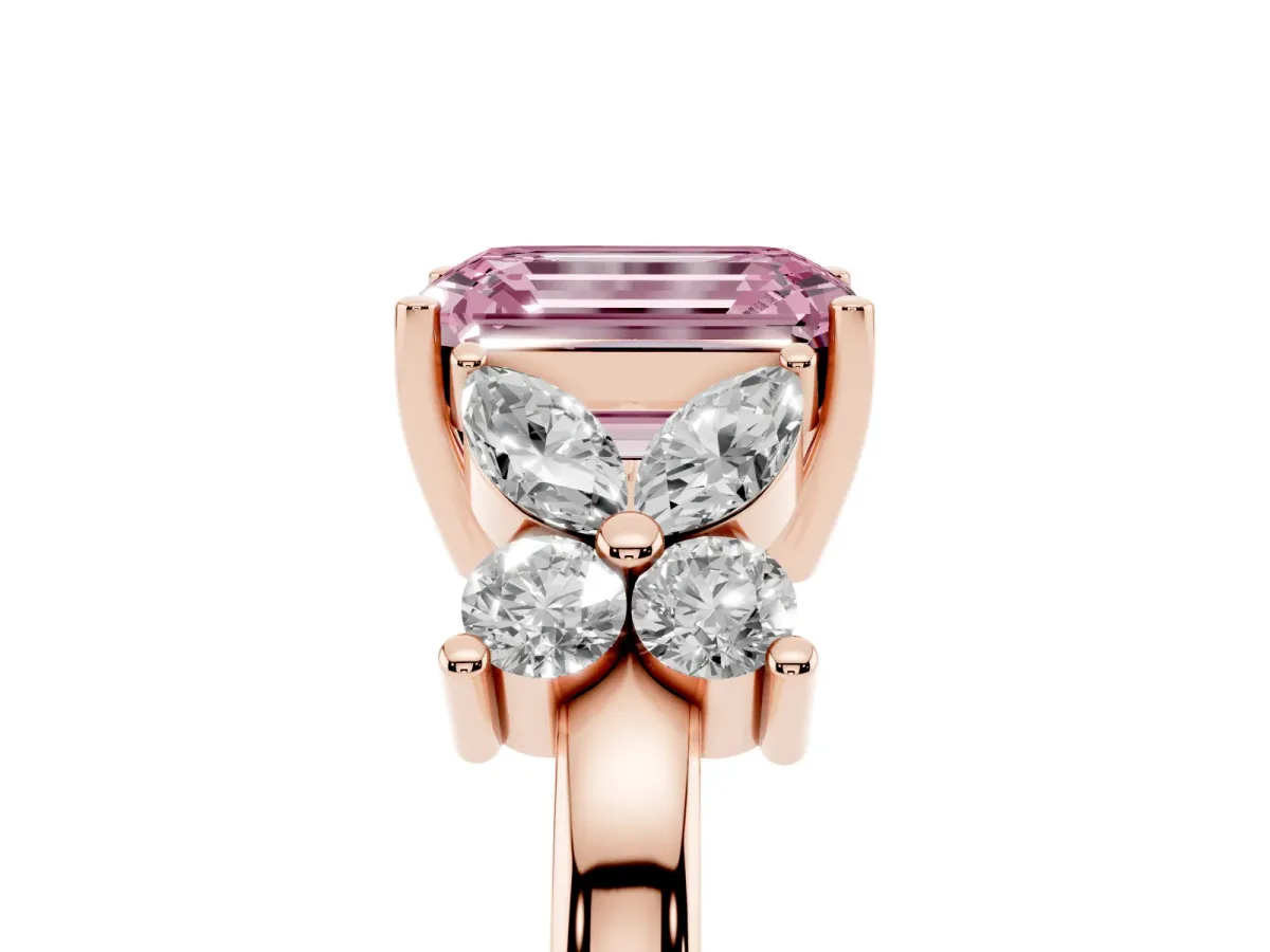 Fancy Pink Emerald Cut Diamond Floral Cluster Ring with Solitaire Band and Prong Setting Rose gold