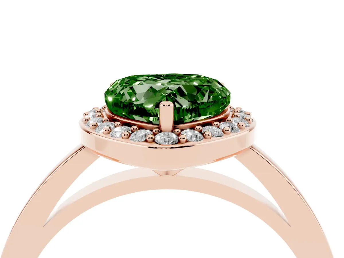 Fancy Green Heart Cut Halo Diamond Ring with Solitaire Band and Prong Setting Rose gold