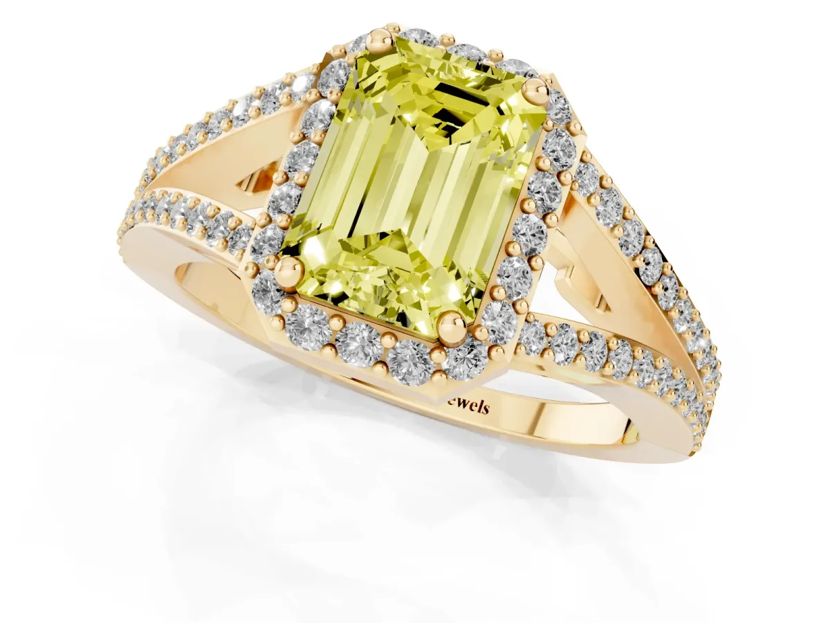 Fancy Yellow Emerald Cut Halo Split Shank Pave Diamond Ring with Four-Prong Setting Yellow gold