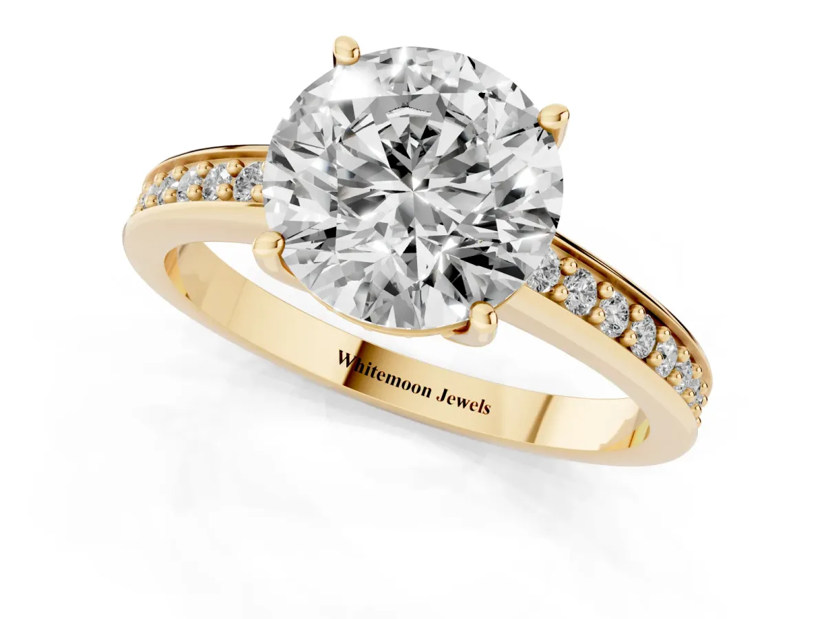 Round Cut Solitaire Pavé Band Prong Setting Ring Yellow gold