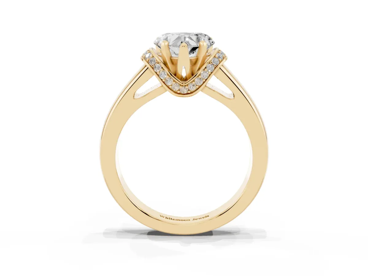 Heart Cut Solitaire Diamond Ring with Pave Band and Six-Prong Setting Yellow gold