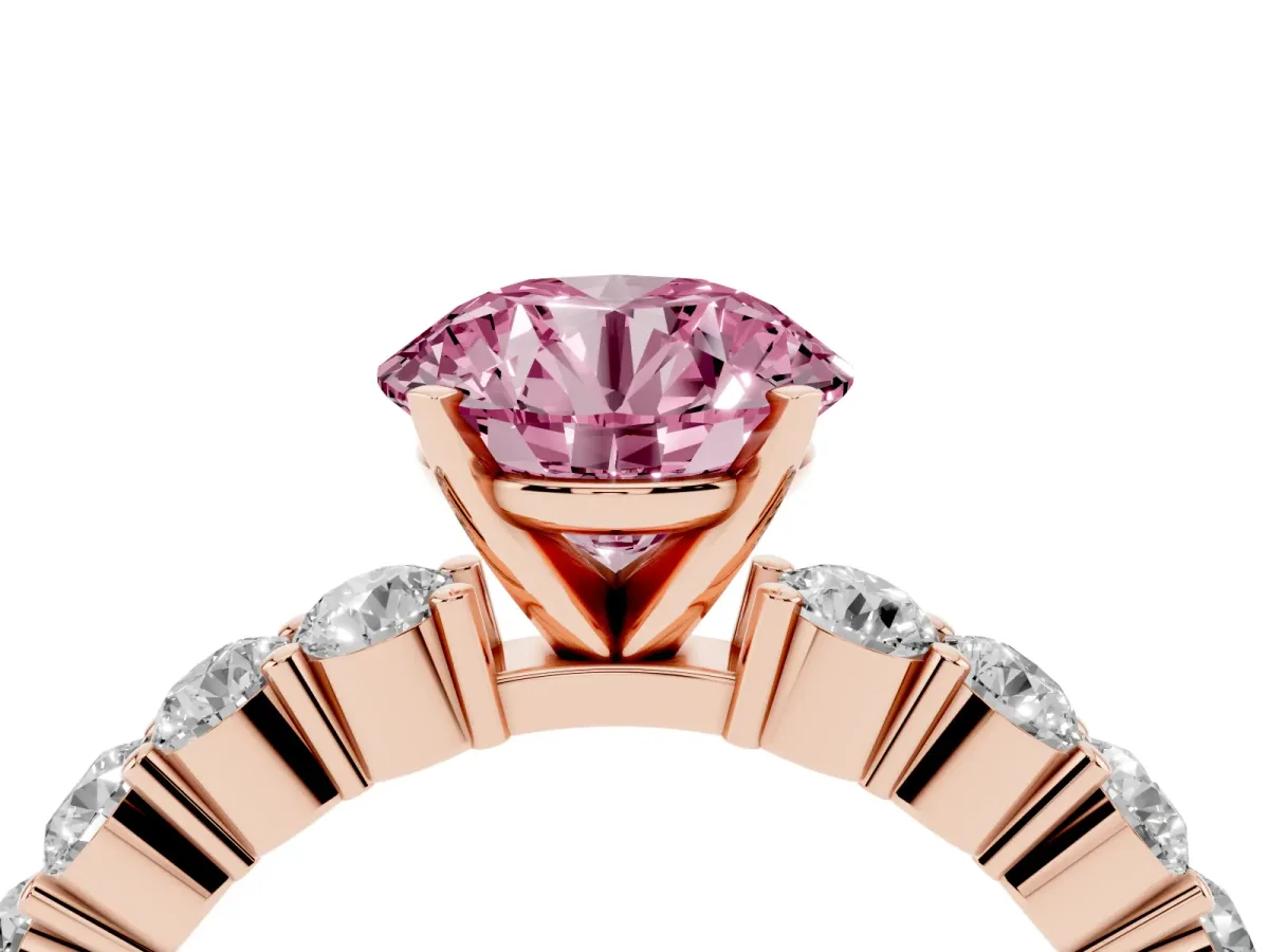 Fancy Pink Round Cut Diamond Solitaire Ring with Shared Prong Round Side Stones Rose gold