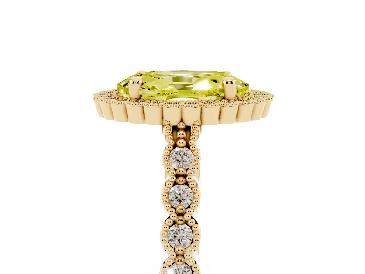 Fancy Yellow Oval Cut Cut Halo Pavé Solitaire Ring with Milgrain Band Yellow gold