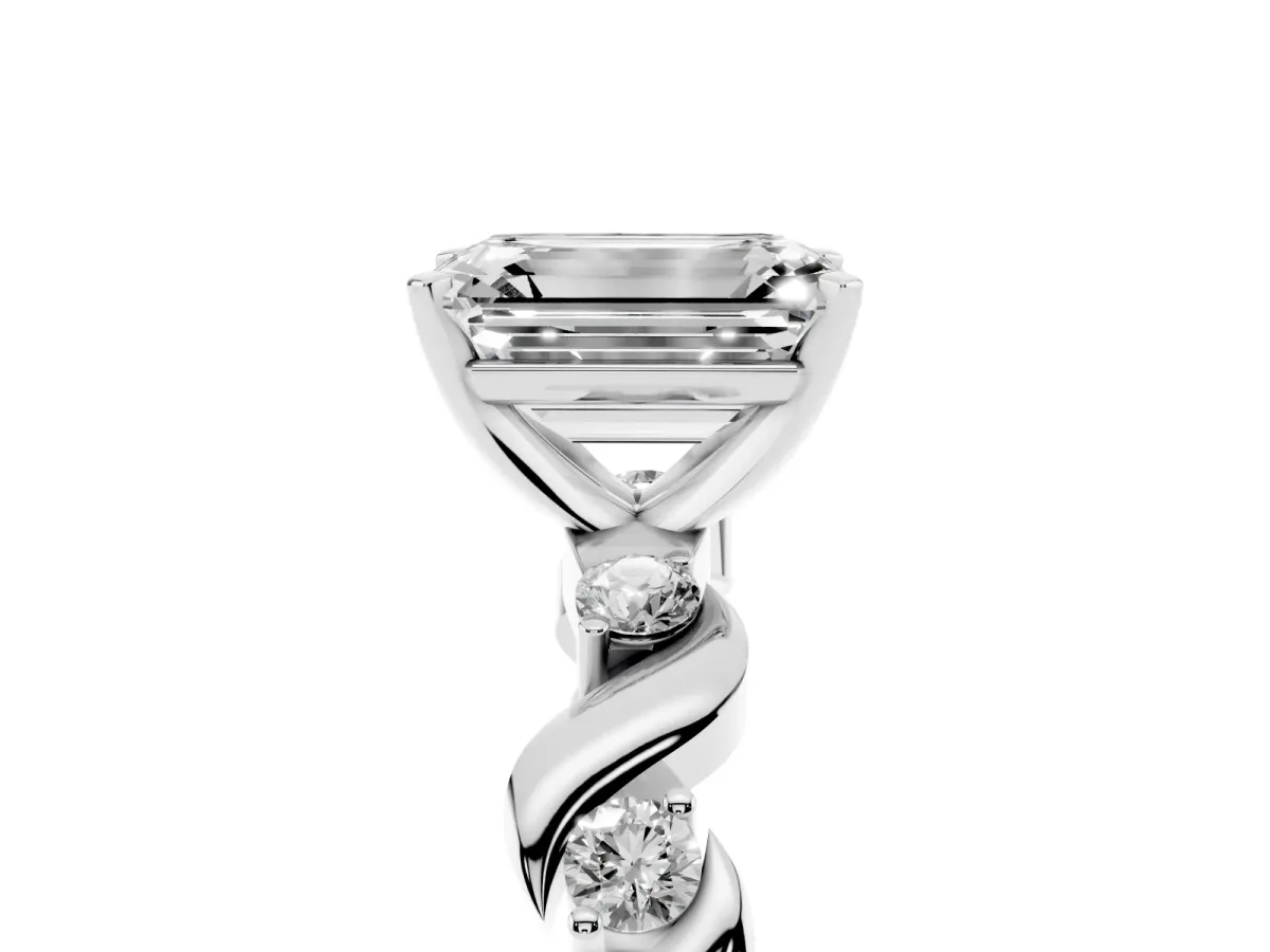 Emerald Cut Diamond Solitaire Twisted Band with Round Accents and Prong Setting Silver