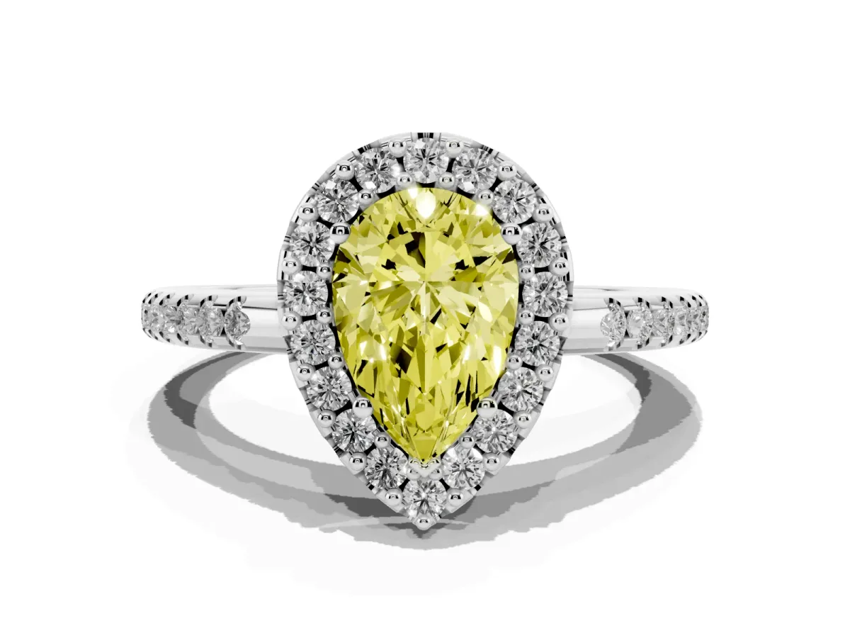 Fancy Yellow Pear Cut Diamond Pavé Halo Ring with Four-Prong Setting Silver