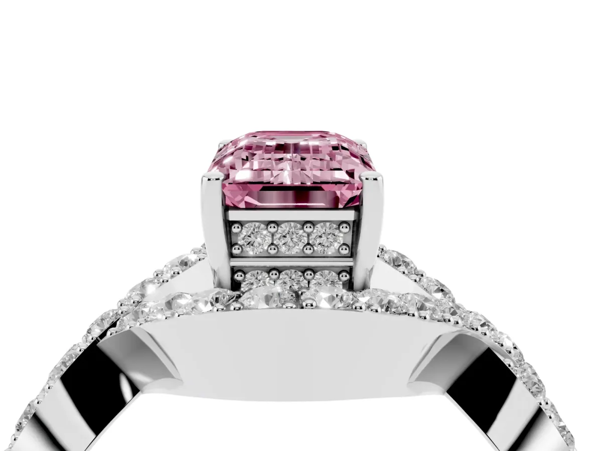 Fancy Pink Emerald Cut Solitaire Twist Band Pavé Diamond Engagement Ring Silver