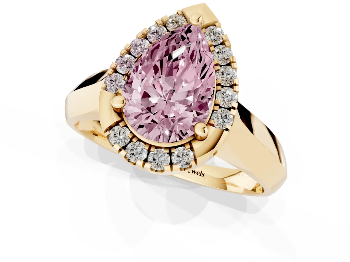 Fancy Pink Pear Cut Cut Halo Solitaire Engagement Ring with Square Band and Four-Prong Setting Yellow gold