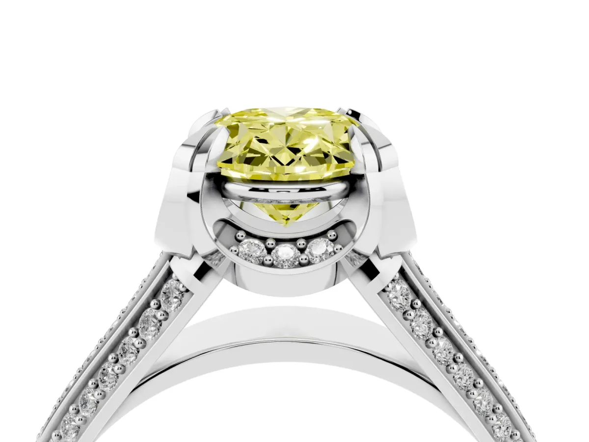 Fancy Yellow Oval Cut Solitaire Pave Split Shank Ring with Four-Prong Setting Platinum