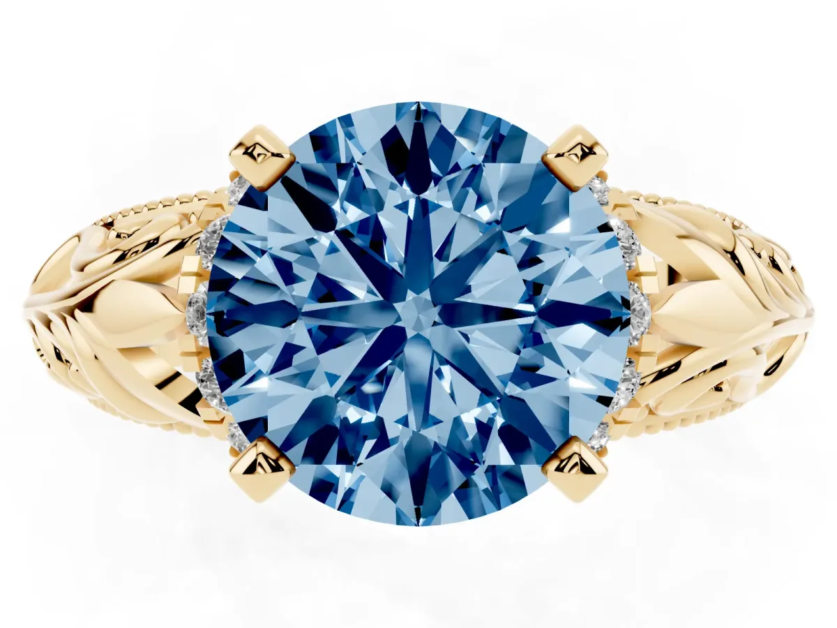 Fancy Blue Round Cut Solitaire Filigree Engagement Ring with Halo and Prong Setting Yellow gold