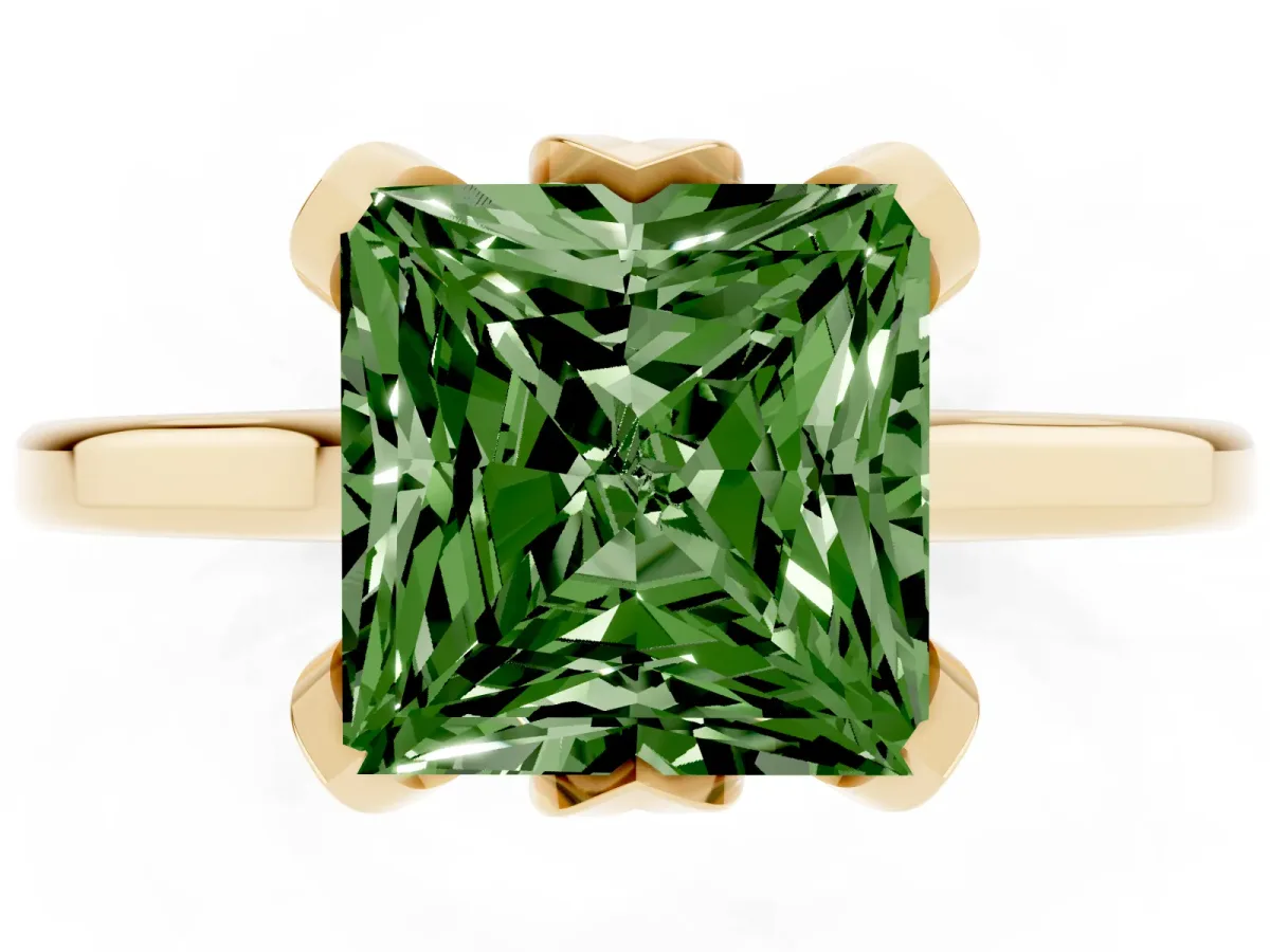 Fancy Green Princess Cut Diamond Solitaire Ring with Flower Prong Setting and Classic Band Yellow gold