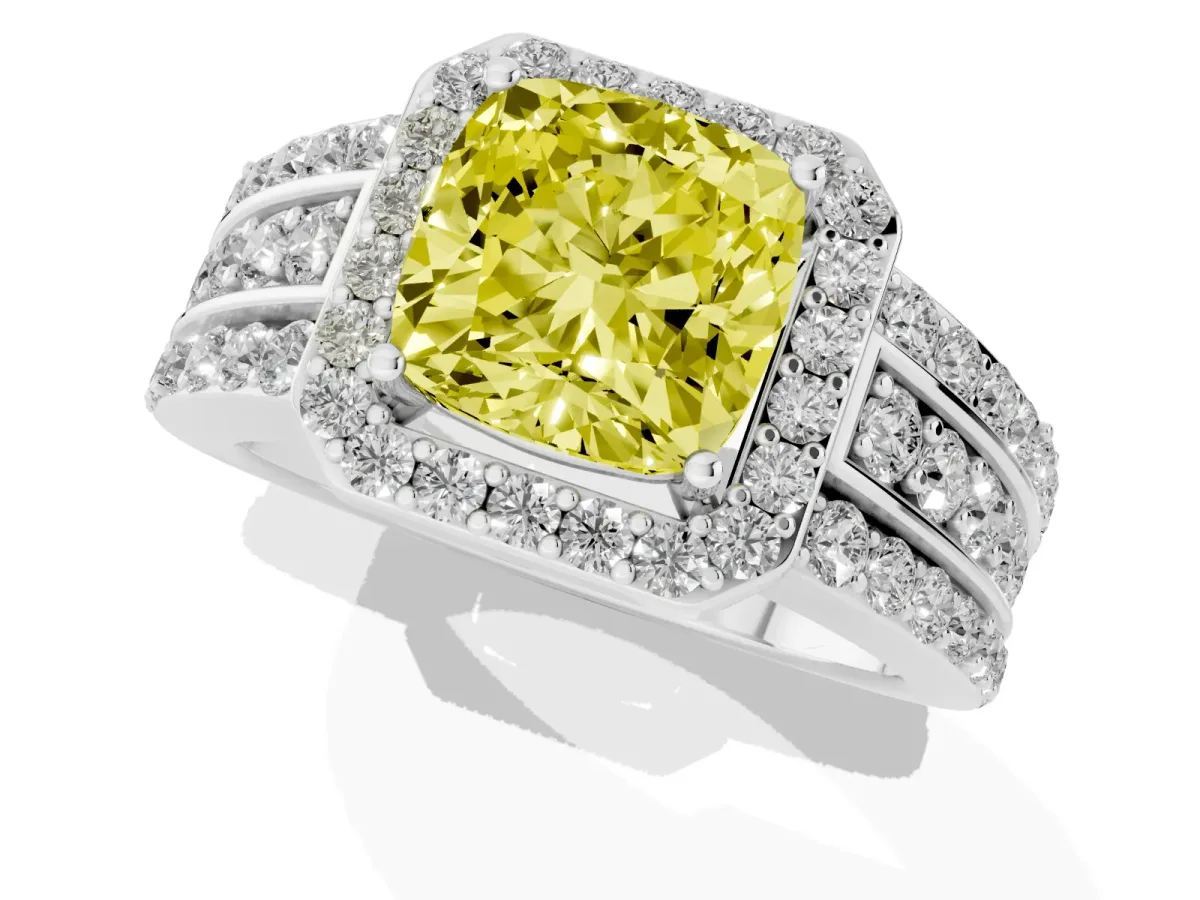 Fancy Yellow Cushion Cut Halo Diamond Ring with Round Split Shank and Prong Setting Silver