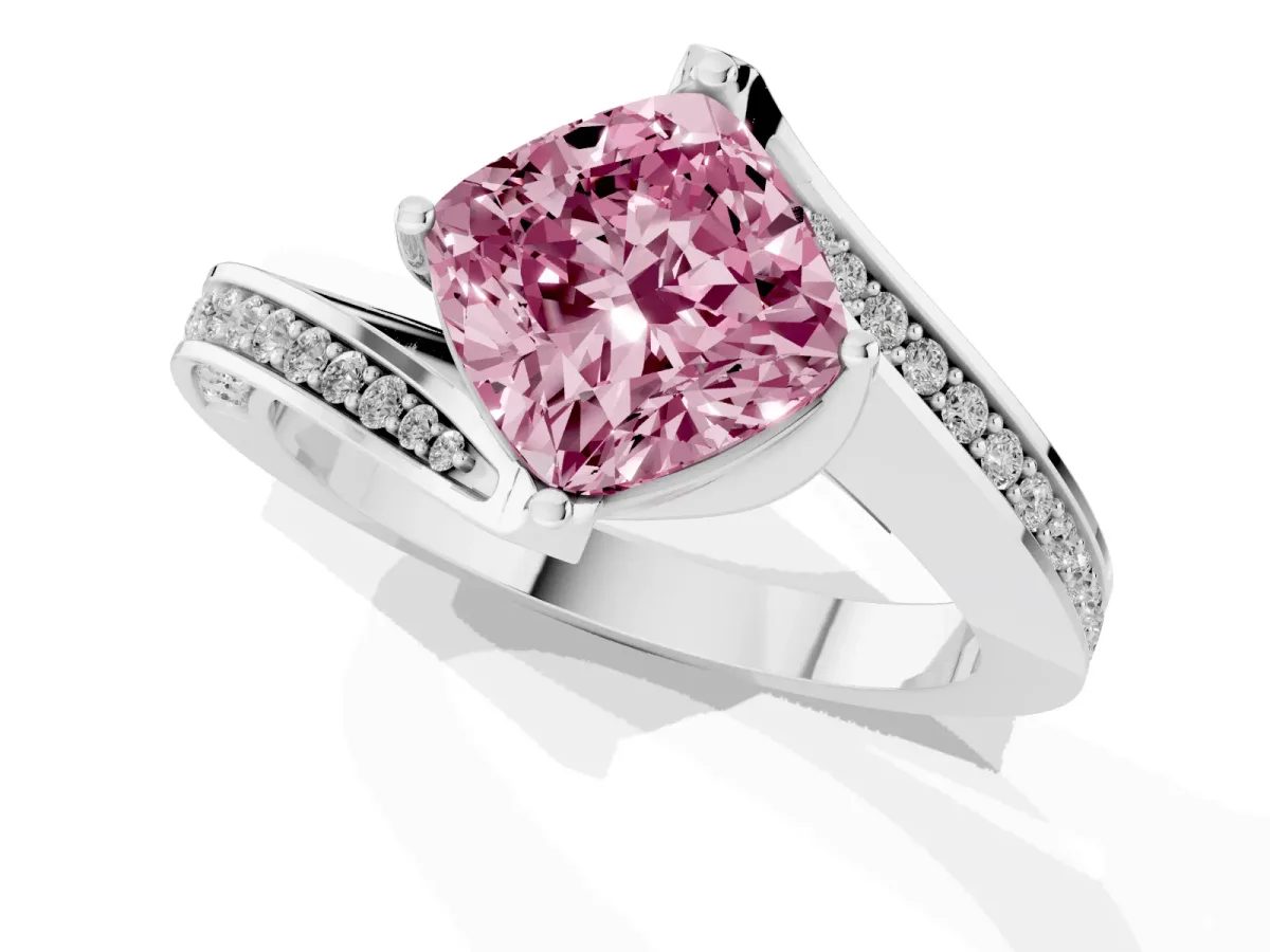 Fancy Pink Cushion Cut Solitaire Diamond Twist Band with Pavé Setting and Four-Prong Setting Silver