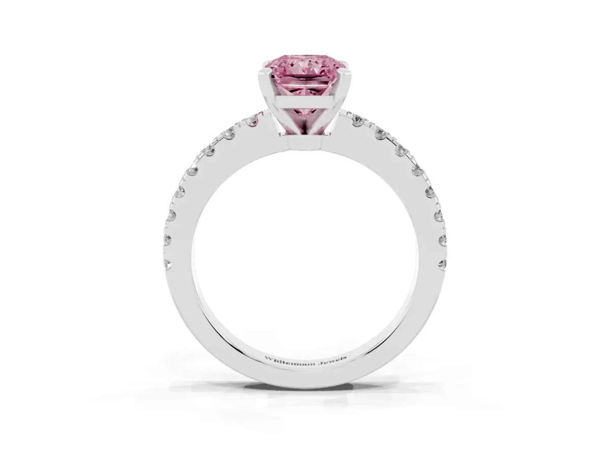 Fancy Pink Radiant Cut Solitaire Diamond with Pavé Band and Four-Prong Setting White gold