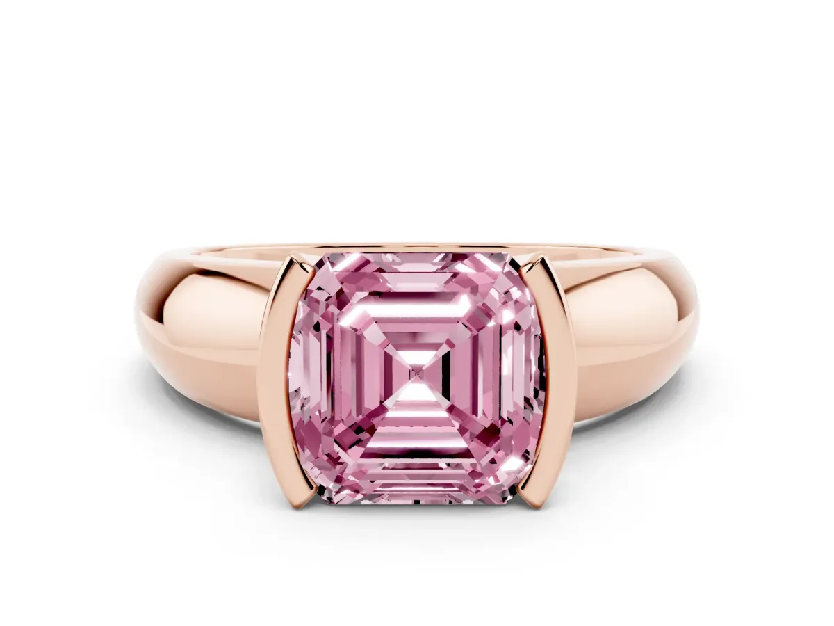 Fancy Pink Asscher Cut Solitaire Tension Set Diamond Ring with Wide Band Rose gold