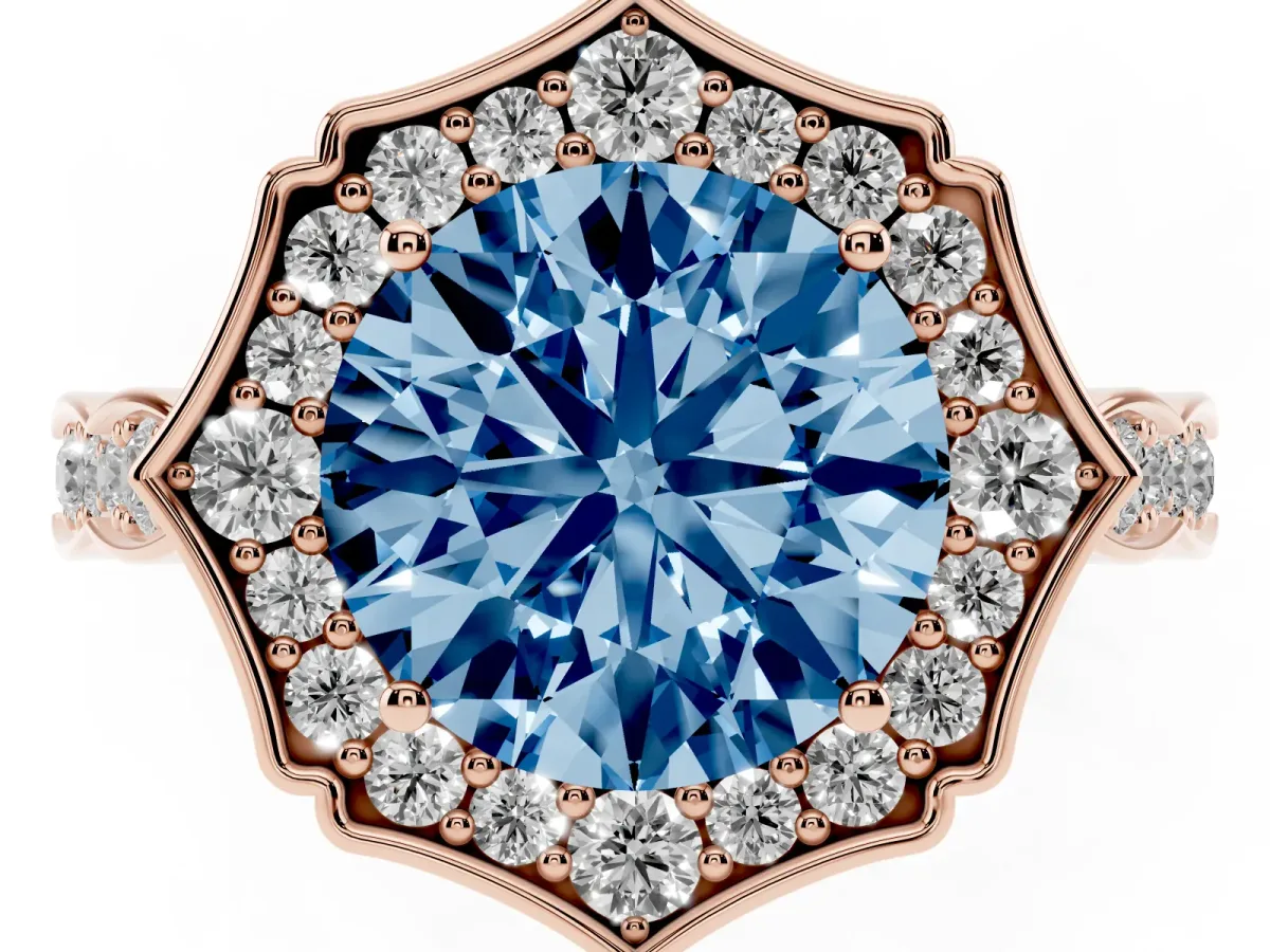 Fancy Blue Round Cut Halo Diamond Engagement Ring with Milgrain Band and Four-Prong Setting Rose gold