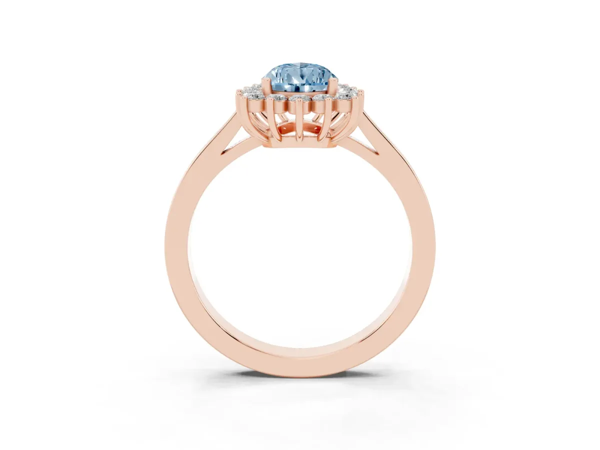 Fancy Blue Pear Cut Cut Diamond Halo Ring with Round Brilliant Halo and Solitaire Band Rose gold