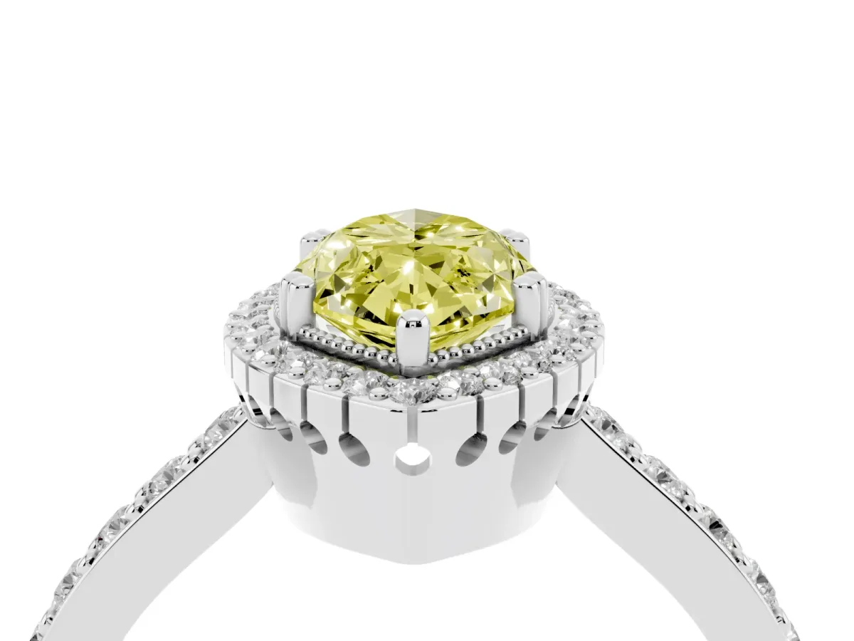 Fancy Yellow Marquise Cut Cut Diamond Halo Engagement Ring with Milgrain Detail and Pavé Band Silver